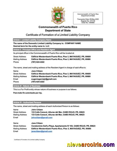 Puerto Rico certificate of formation of a limited liability company
